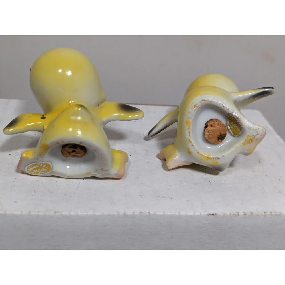 Vintage Ceramic Anthropomorphic Yellow Birds Flowers & Crown Salt Pepper Shakers